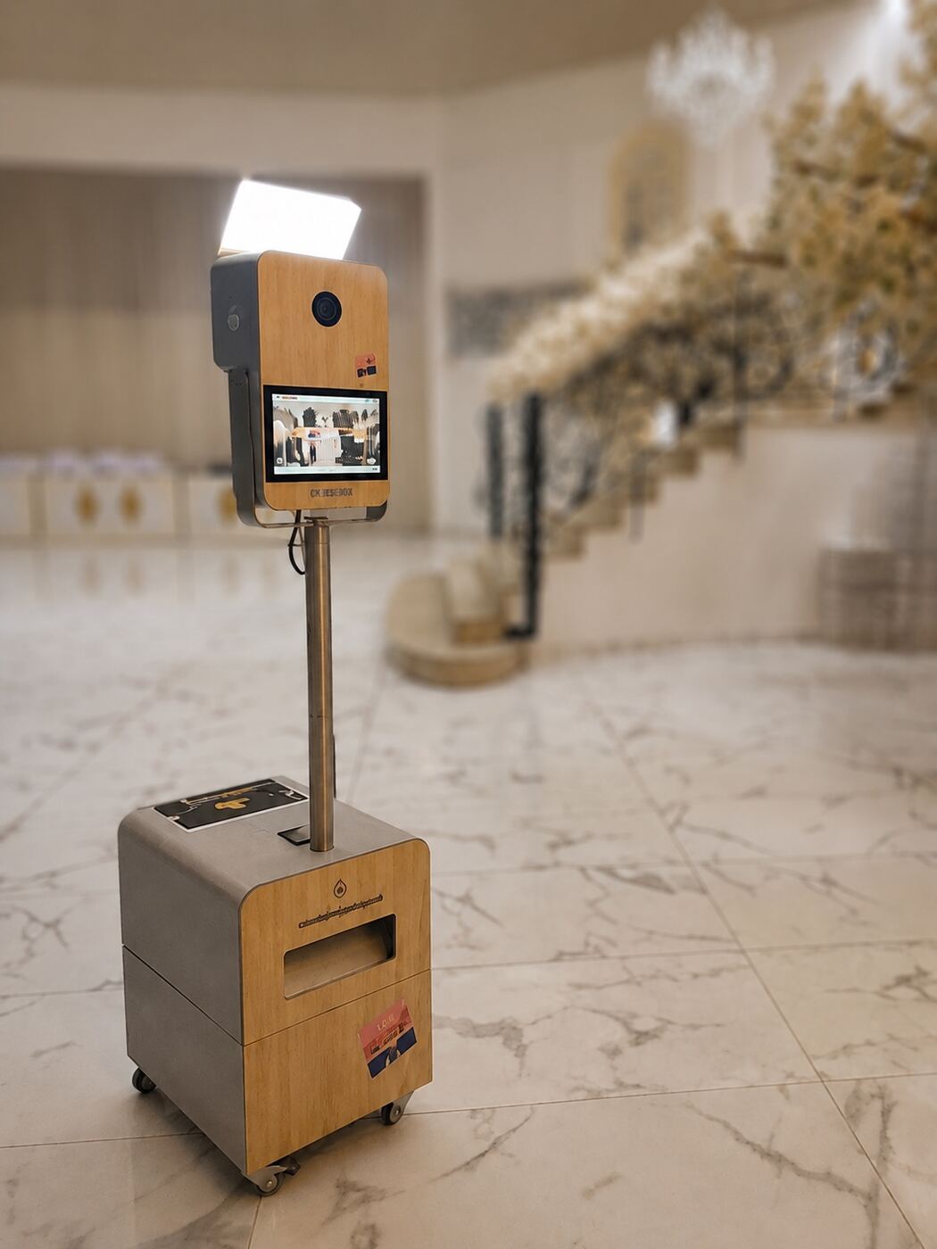 Borne photo MyShow installée dans un hall en marbre